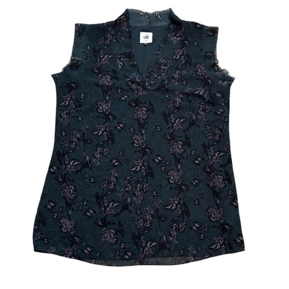 CAbi Sleeveless Floral Blouse With Frayed Hem. Lined.